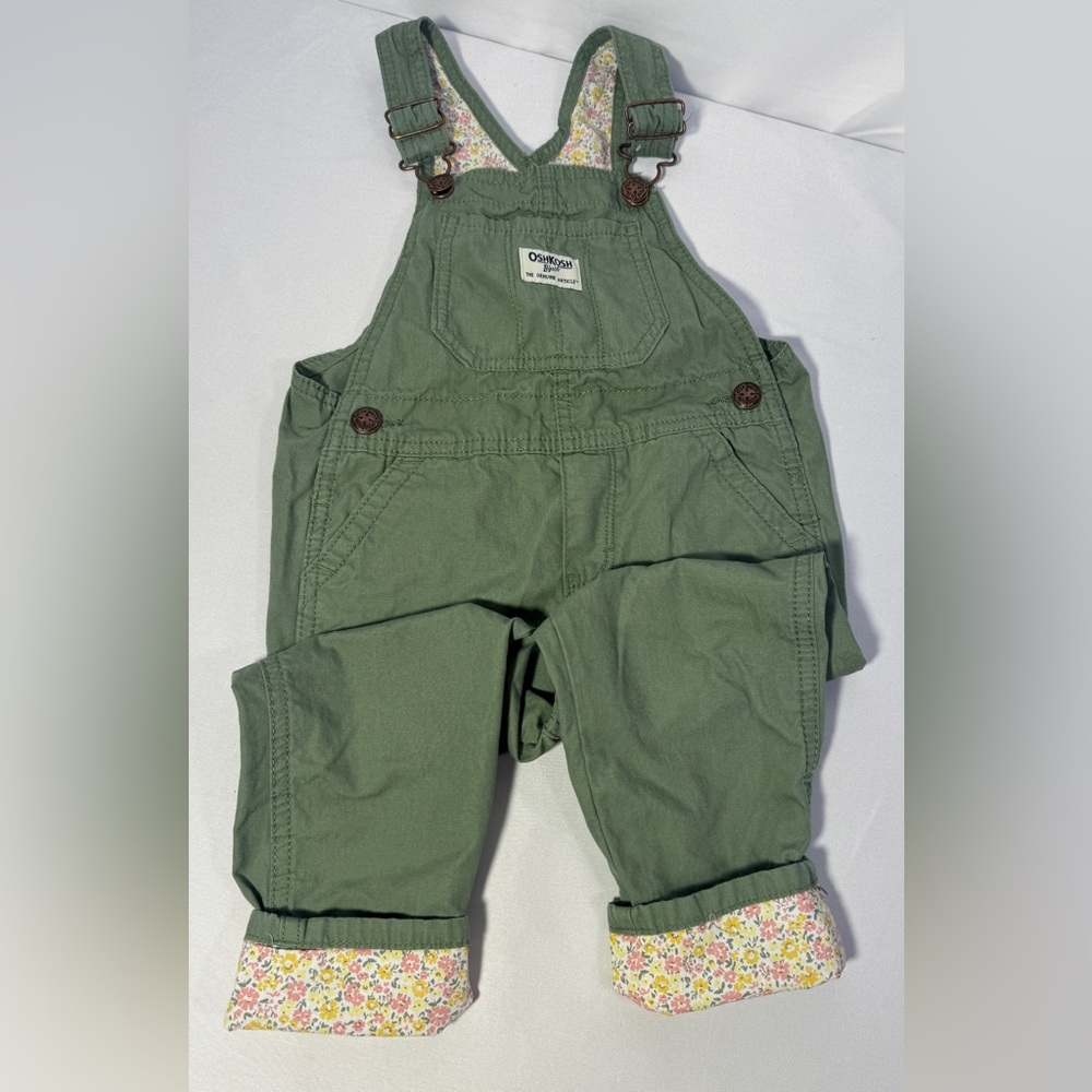 Oshkosh Floral Overalls Green Lightweight Canvas Pants Bottoms Girls 3T - Picture 2 of 13